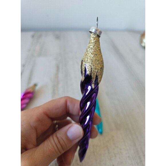 Vintage Germany Mercury icicle glitter gold ornament glass blue purple pink set - Picture 7 of 12
